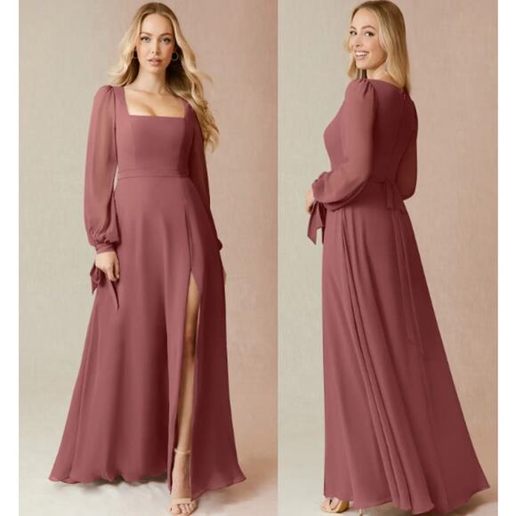 NWT Azazie Leonia A-Line Long Sleeve Chiffon Bridesmaid Long Dress Amethyst A8 - Picture 1 of 10